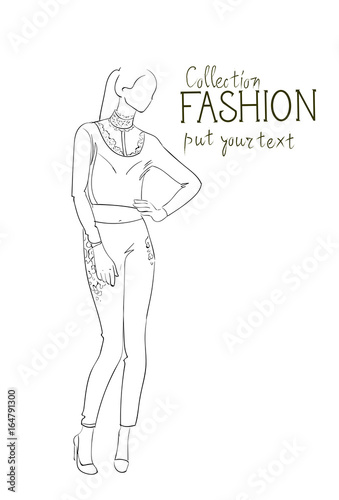 Fototapeta Naklejka Na Ścianę i Meble -  Fashion Collection Of Clothes Female Model Wearing Trendy Clothing Sketch Vector Illustration