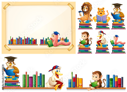 Paper frame and many animals reading books