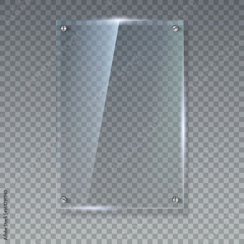 Blank, transparent vector glass plate. Vector template, vertical banner with copy-space. Photo realistic texture with highlights and glow on the transparent. See through the plastic, 3D illustration.
