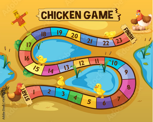 Boardgame template with chickens by the pond