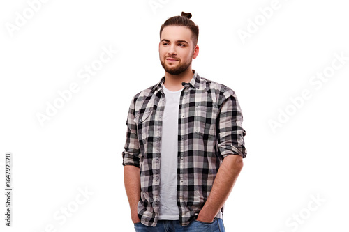 Attractive bearded casual male isolated on white background.