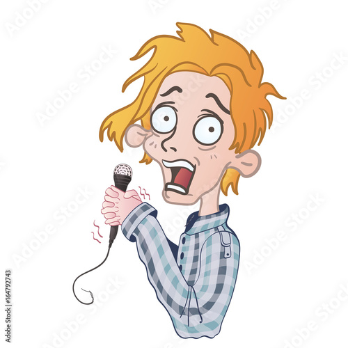 Young man with frightened eyes sings or shouts into the microphone. Vector illustration, isolated on white background.