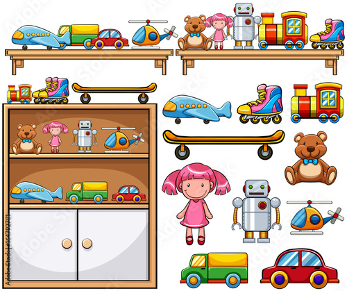 Different toys on the wooden shelves
