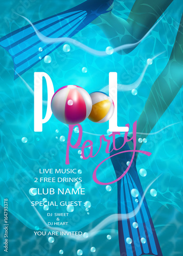 pool party background with inflatable balls and woman's legs in flippers. Vector illustration