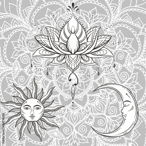 Vector illustration of Moon and Sun with faces and lotus flower on beautiful background