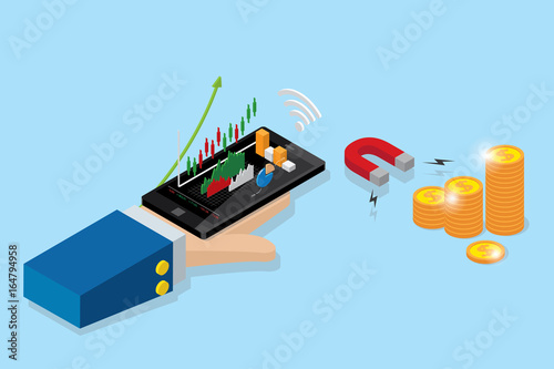 isometric business hand holding mobile phone with candlestick chart and horseshoe magnet to attracting coins stack, stock and business concept
