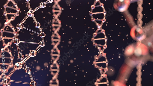 DNA molecules and floating particles. Heredity, biochemistry, modern medicine or genetic research concepts. 3D rendering