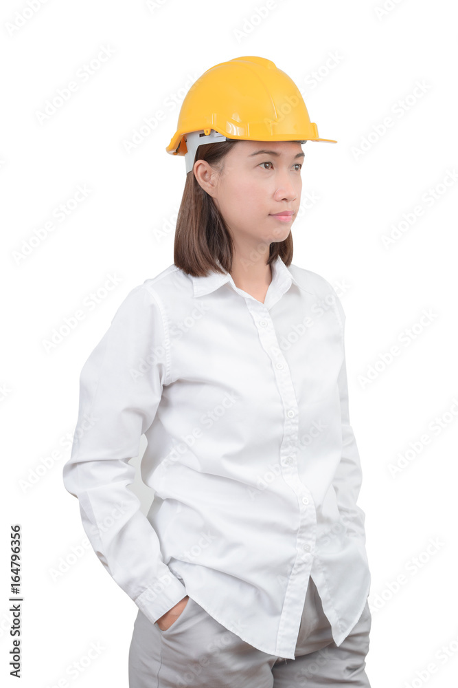 Architect or Engineer. woman Look smart portrait. Woman wearing protect helmet Architect or Engineer. woman Look smart portrait. Woman wearing protect helmet