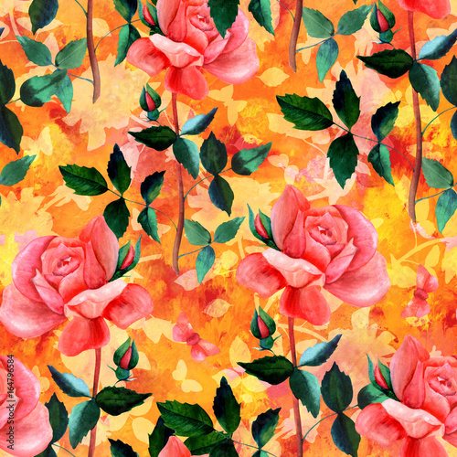 Golden seamless pattern with watercolor roses and butterflies © laplateresca