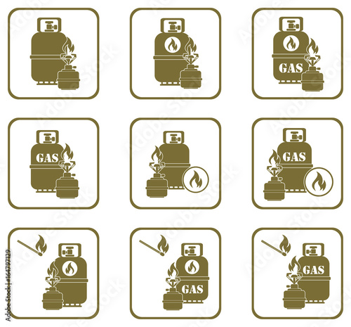 Camping stove with gas bottle icons set