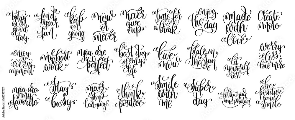 set of 25 black and white hand lettering inscription