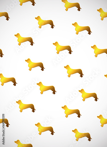 Vertical card. Pattern with cute cartoon gold dog silhouettes. Breed dachshund.