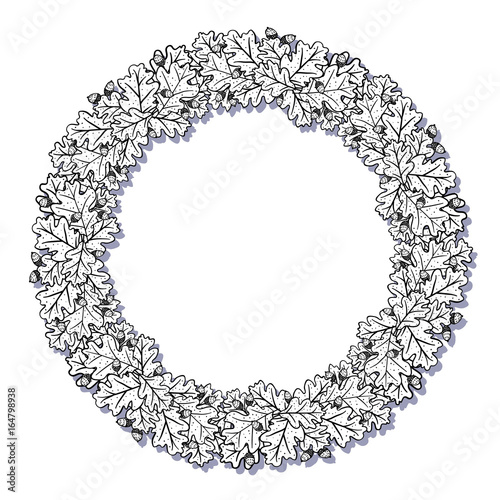Wreath with oak leaves. Decorative circle frame. Black contour