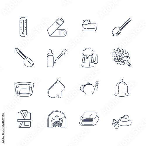 Spa, sauna linear icons. Washcloth, soap, ladle, aromatic oil, beer, broom for a bath and other accessories for spa relaxation. Health and body care thin line icons