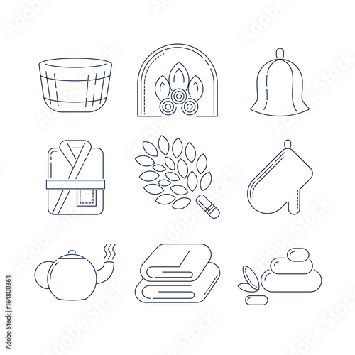 Spa, sauna linear icons. Fireplace, mitt, herbal tea, sauna broom and other accessories for the bath. Health and body care thin line icons.