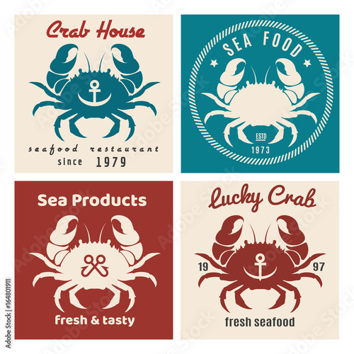 Crab seafood shop or restaurant emblem set