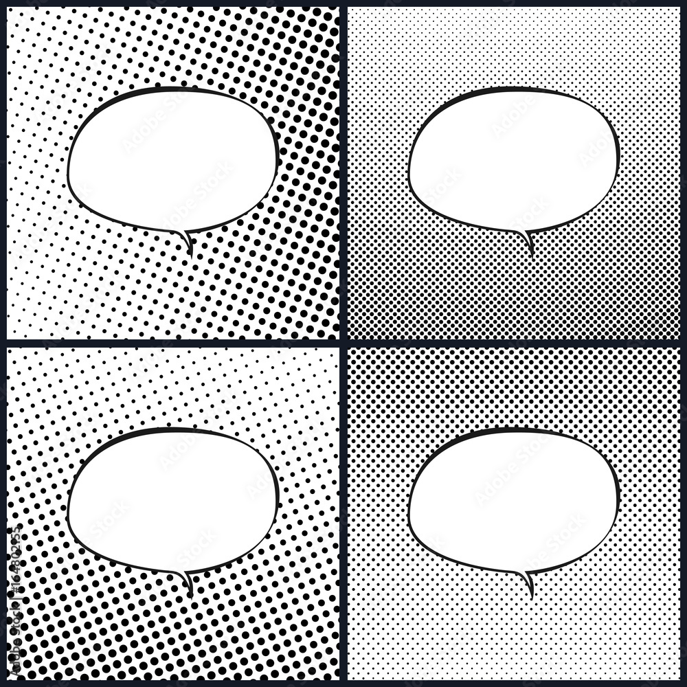 Set of Retro Style Oval Speech Bubble , Pop Art , White Background with Black Dots , Gradient from Bottom Left to Upper Right and Vice Versa, Gradient from the Top Down and Vice Versa, Vector