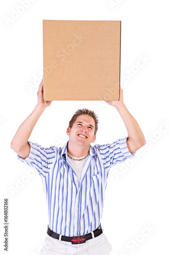 Student: College Student Holds Packing Box Over Head © seanlockephotography