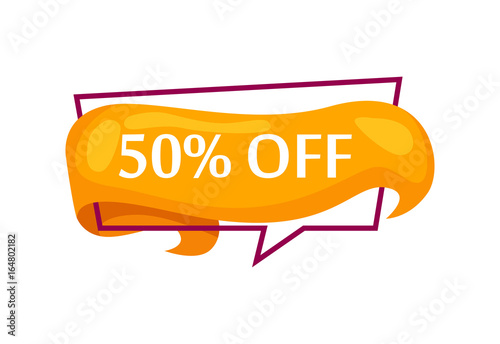 Marketing speech bubble with 50% off phrase. Most commonly used replica label, market promotion, retail sticker isolated vector illustration.