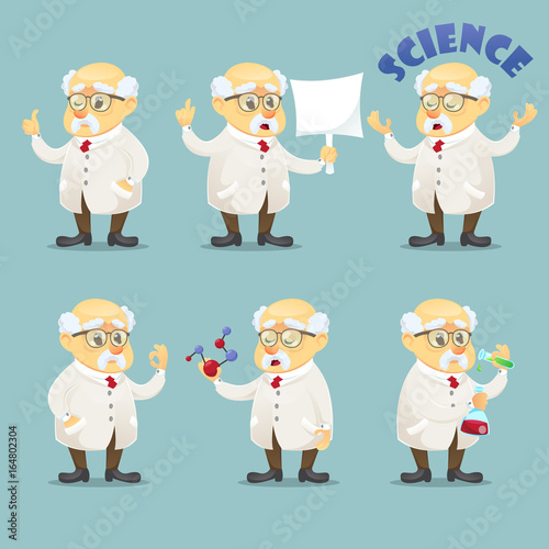 vector cartoon illustration old funny scientist character wearing glasses and lab coat set of poses
