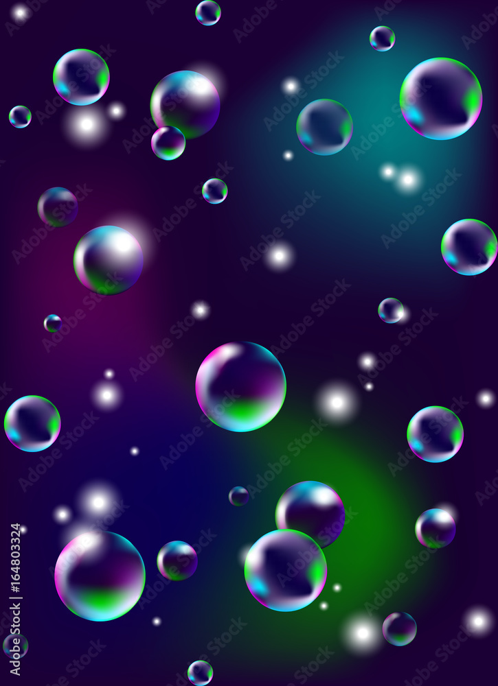 Vector illustration of soap bubbles on dark background.