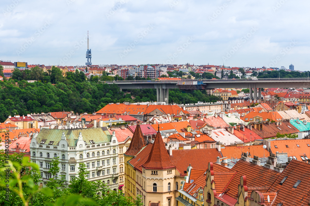 Prague with Nuselsky bridge (Nuselsky Most) and TV tower in background, Czech republic