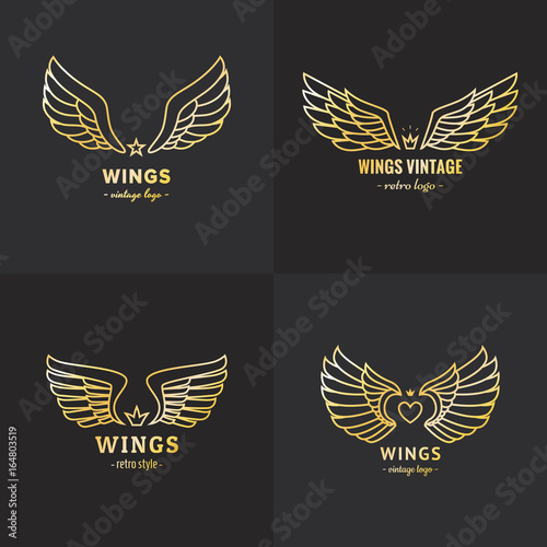 Gold wings outline logo vector set. Part one.