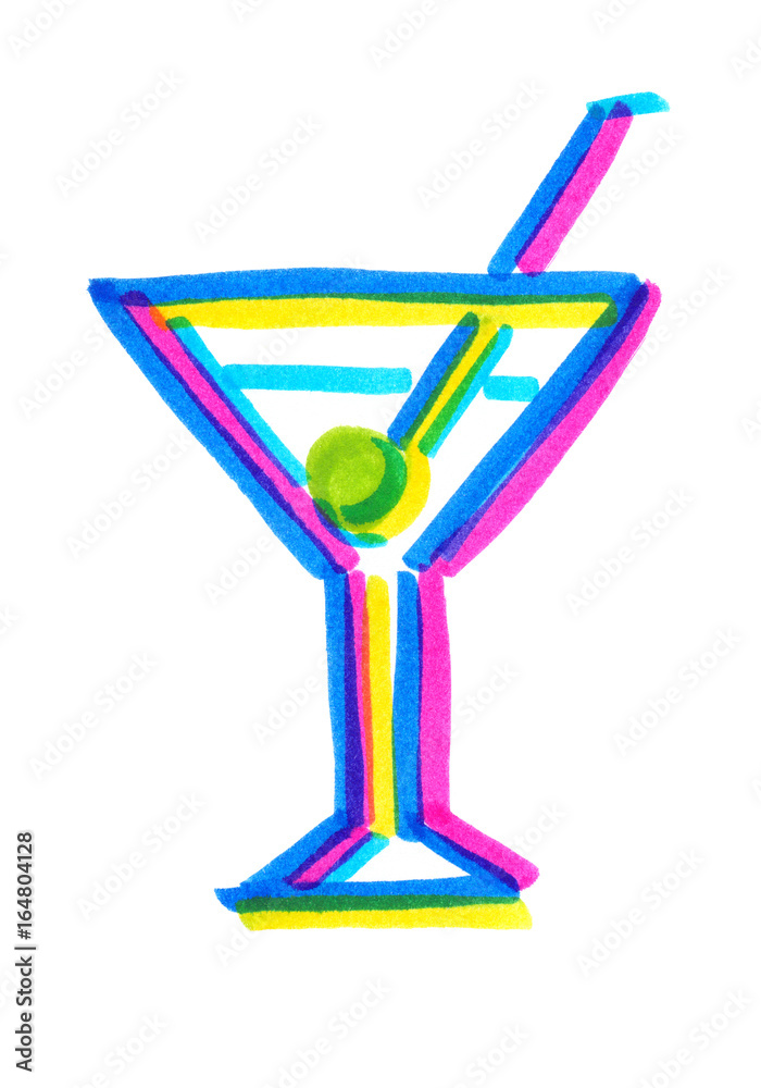 Glass of martini with olive painted in bright neon felt highlighter pen on clean white background