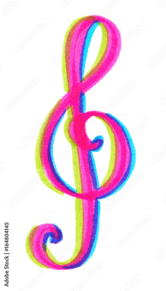 Pink musical sign treble clef painted in bright neon felt highlighter pen on clean white background Pink musical sign treble clef painted in bright neon felt highlighter pen on clean white background