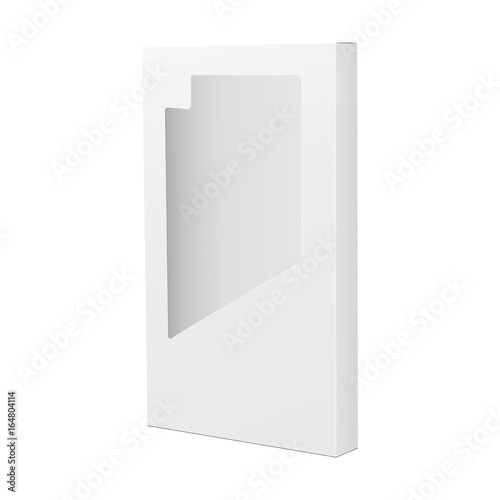 Slim blank box mockup with transparent window isolated on white background. Thin box for mobile phone accessories. Vector illustration