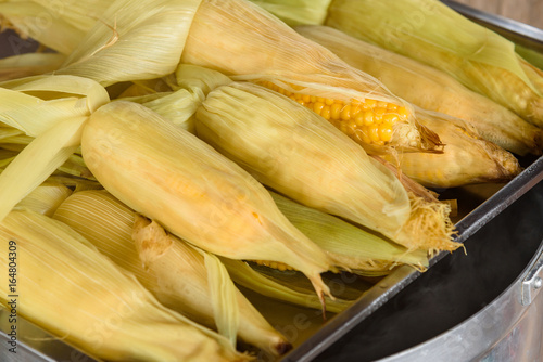 Sweet corns boiled on stainless steel pot in the market,Thailand.