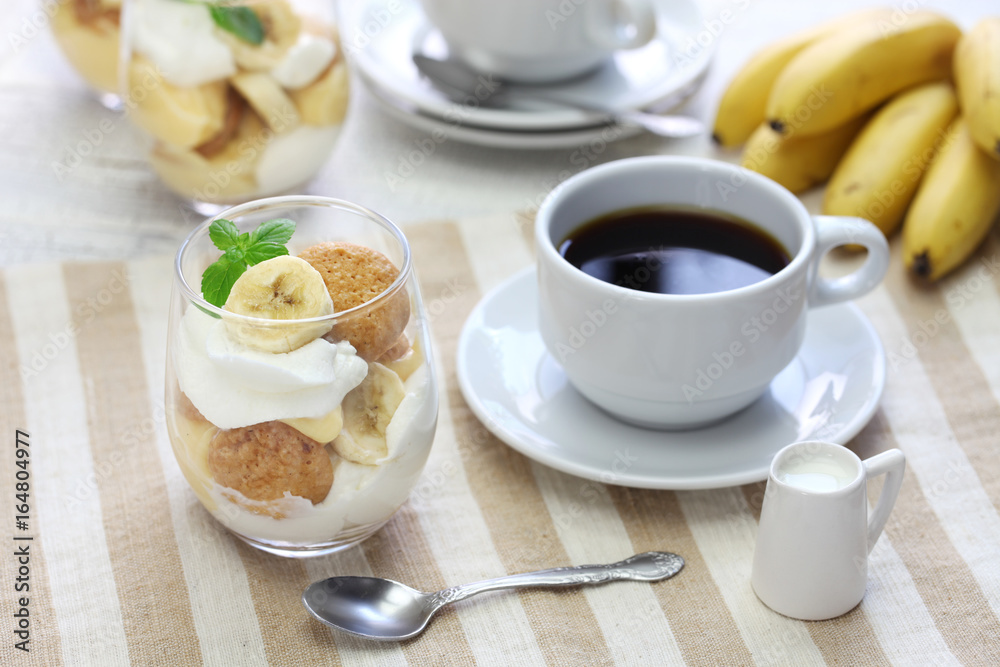 homemade banana pudding and a cup of coffee, Southern dessert homemade banana pudding and a cup of coffee, Southern dessert