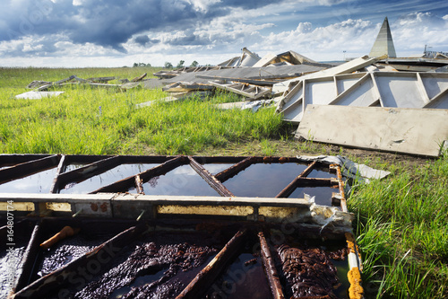 Photography the wreckage of the pyramid in the Moscow region on the background of new small