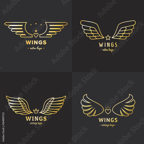 Gold wings outline logo vector set. Part four.