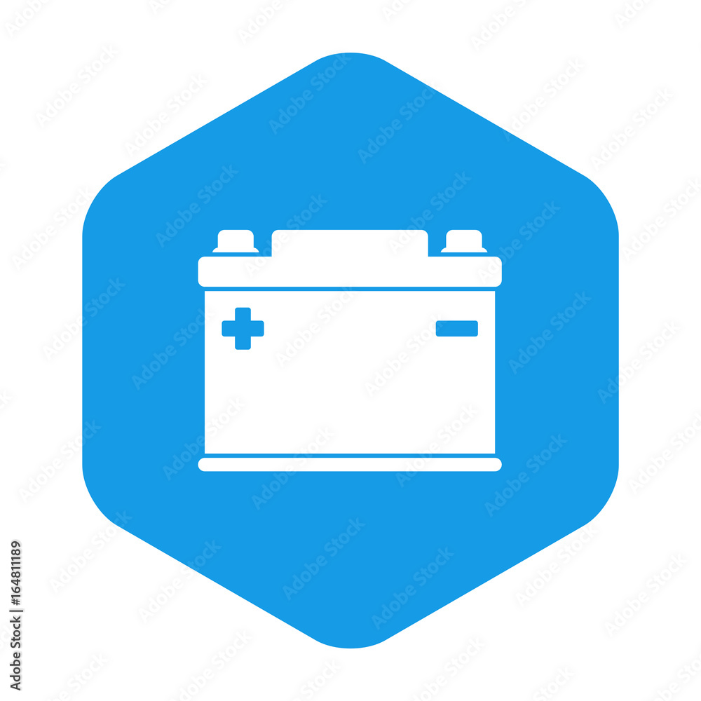Icono plano bateria electrica en hexágono azul Icono plano bateria electrica en hexágono azul