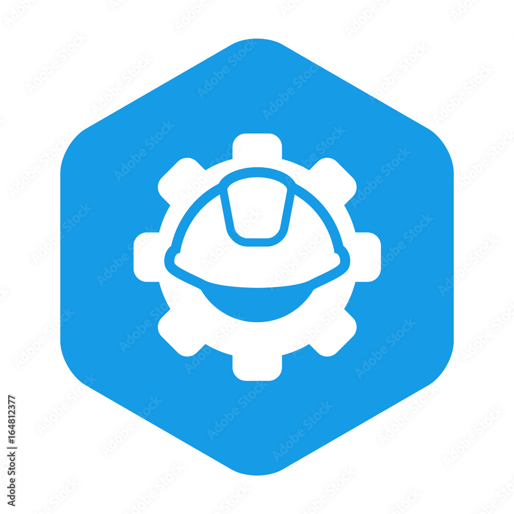 Icono plano engranaje con casco en hexagono azul Icono plano engranaje con casco en hexagono azul