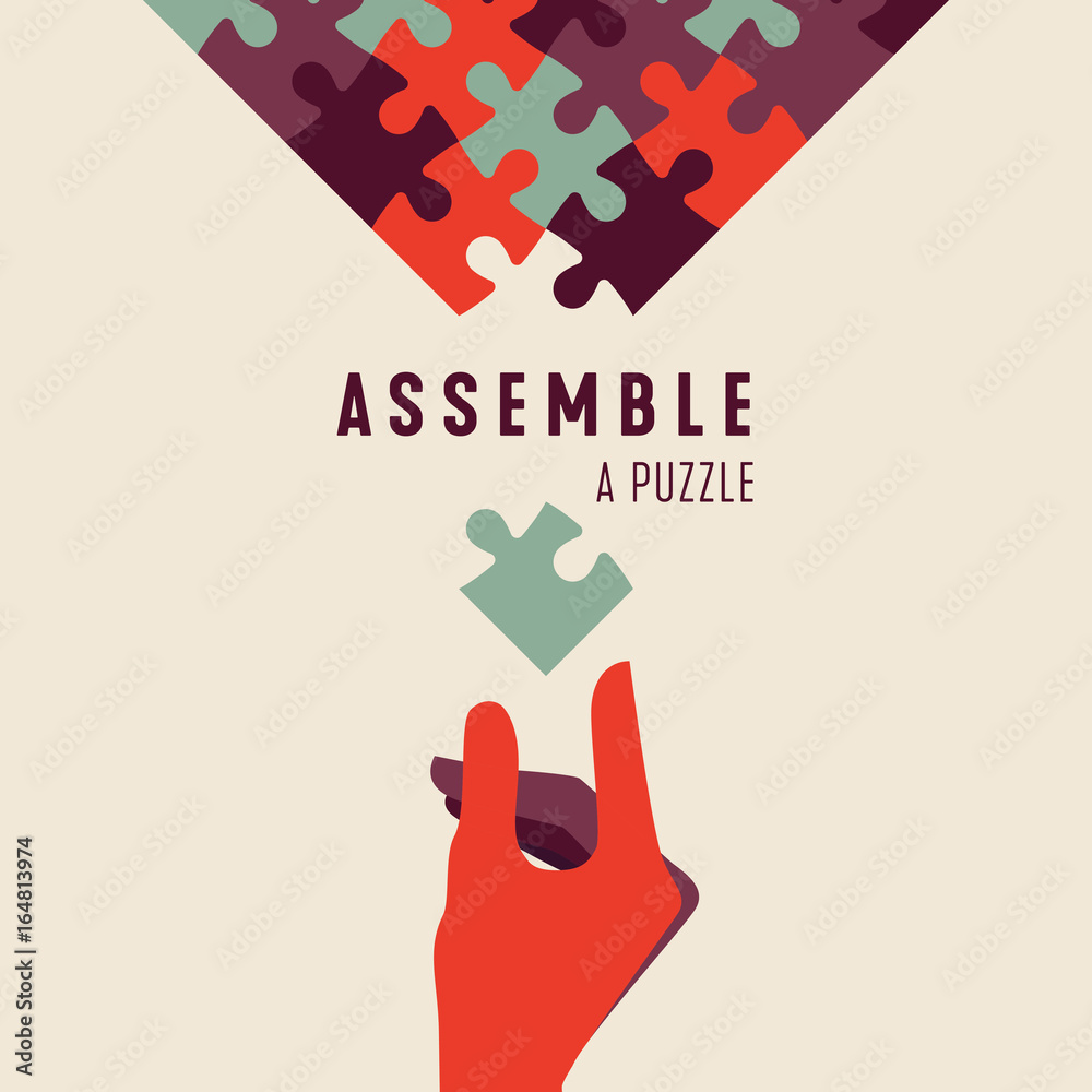Vettoriale Stock Assemble a Puzzle and hand vector graphic poster. Jigsaw  Concept of programming, ordered system, teamwork, unity, partnership or  company. | Adobe Stock