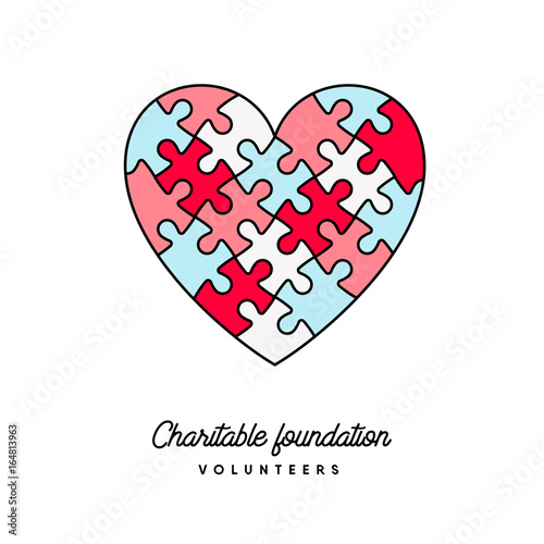Puzzle Heart, vector colorful charitable foundation or volunteerism concept logo. Relationship, teamwork and connection symbol.