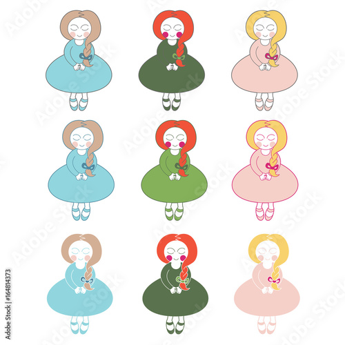 Set of vector cute and colorful doll girls with long braided hair, dressed in long-sleeved dress with puffy skirt, and Mary Jane shoes.