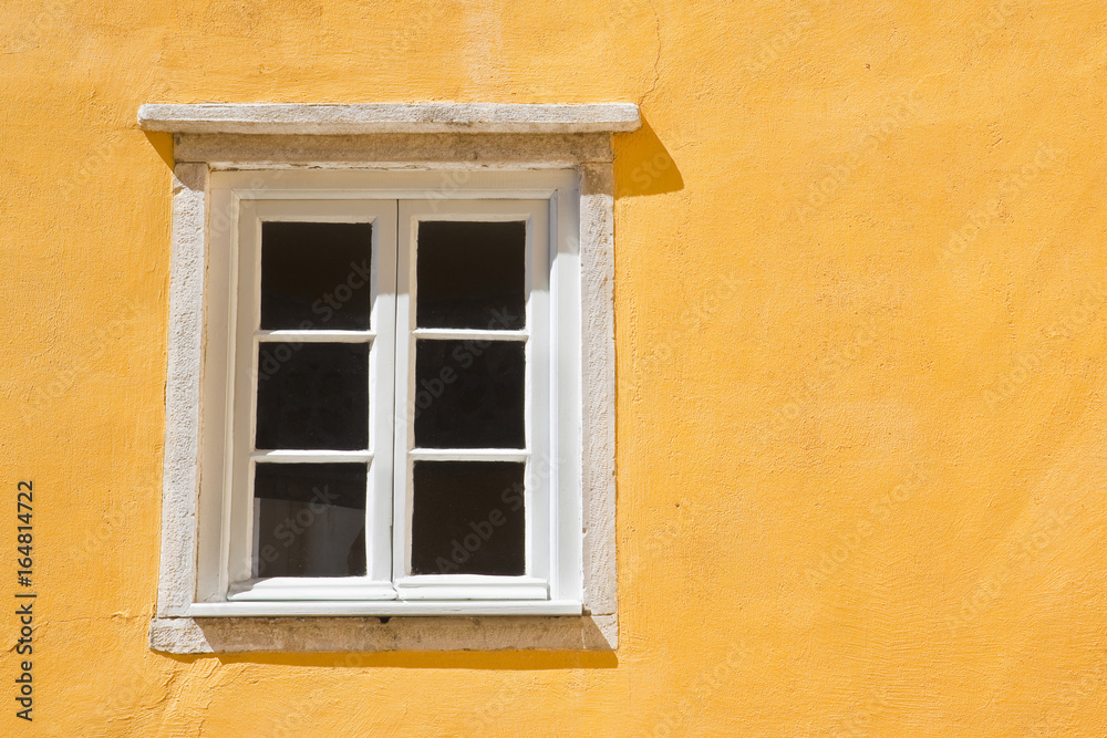 Typical portuguese window against a colored plaster wall
