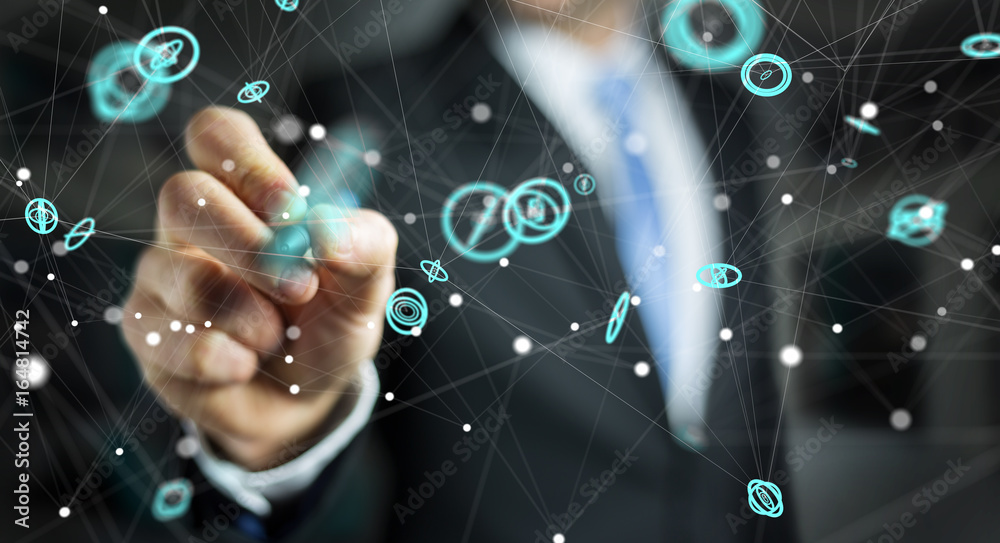 Businessman using flying network connection interface 3D rendering Businessman using flying network connection interface 3D rendering