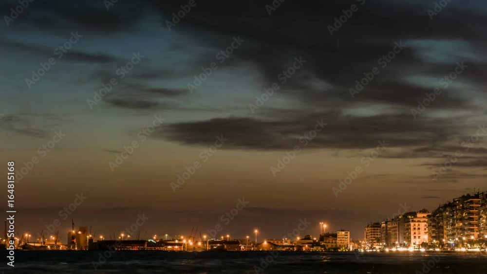 Thessaloniki Port at night, 4K  timelapse video, right after sunset