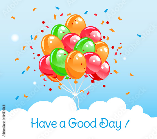 Flying above clouds balloons with confetti. Vector illustration.