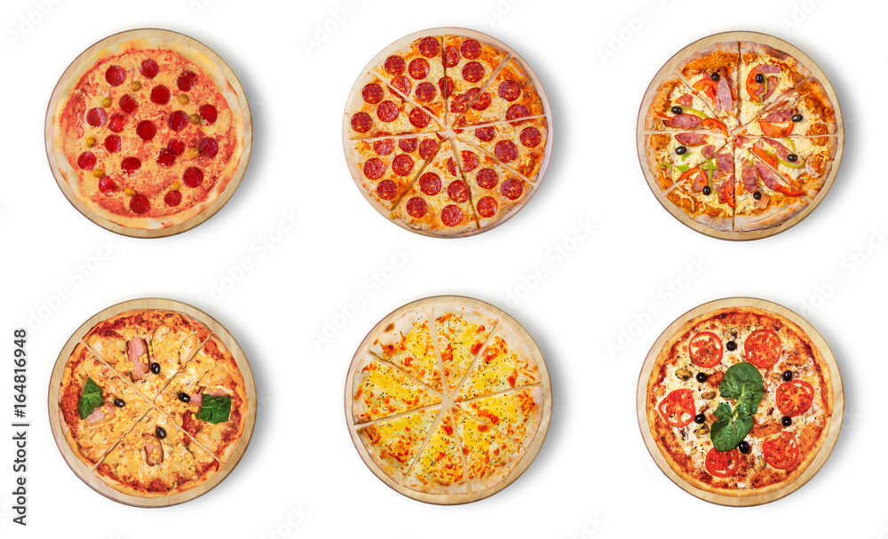 Six different pizza set for menu. Meat pizzas with 12)Pepperoni 3)Pizza Pepperoni Peppers and