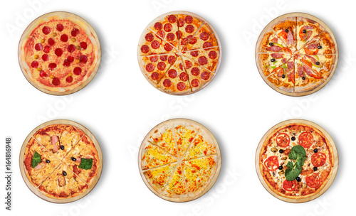 Six different pizza set for menu. Meat pizzas with 1-2)Pepperoni 3)Pizza Pepperoni Peppers and Sausage 4) Pizza Hawaii 5)Pizza four cheese 6) with seafood. 