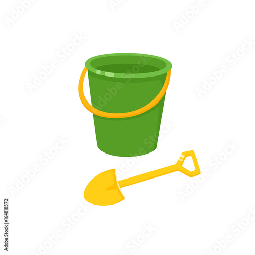 Vector baby bucket and sand shovel toy flat illustration. Child spade and pail, plastic playing tools colored isolated on a white background. Children education, growth and development concept.