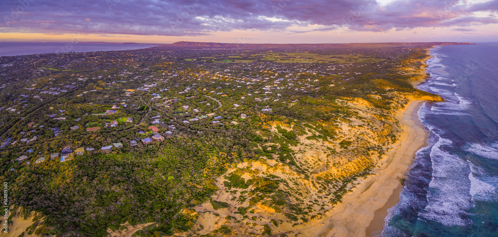 Aerial panorama of Mornington Peninsula suburban areas near Rye at sunset. Melbourne Australia