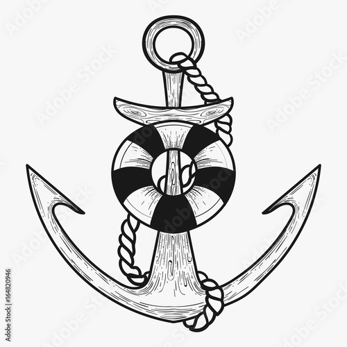 Vector stylized anchor with life buoy. Linear Art. Tattoo.