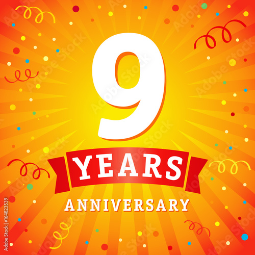 9 years anniversary logo celebration card. 9th years anniversary vector background with red ribbon and colored confetti on yellow flash radial lines