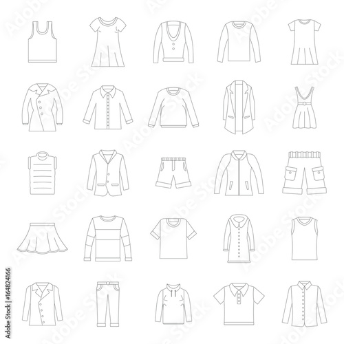 Clothes icons set in thin line style. Vector set clothing on white background including dresess, skirts, shorts, pants, tops and t-shirts